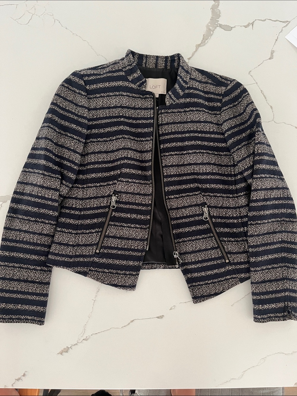 LOFT Navy and Cream Striped Zip Jacket